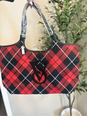 Victoria’s Secret Plaid Red and Black Tote with Embroidered Logo
